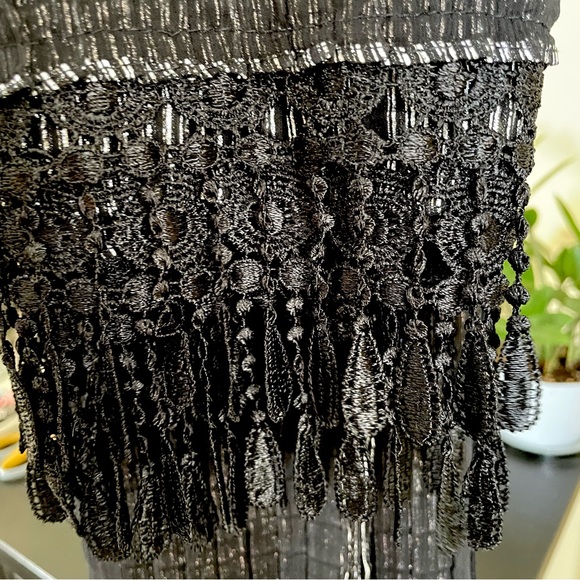 Black and Metallic Silver Scarf with Embroidered Lace Fringe - Picture 2 of 5